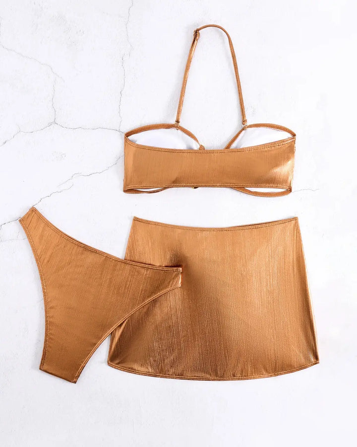 Gold  Metallic U-Hardware Bikini Ruched Cover-Up Skirt Set SOLACE