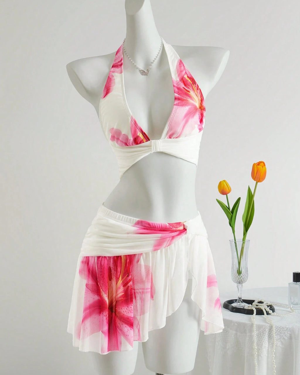 SOLACE  Pink Lily Print Halter Bikini Set with Sheer Cover Up Skirt 