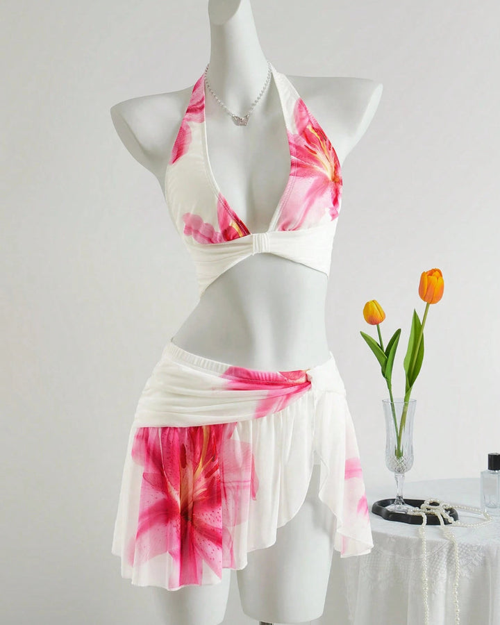 SOLACE  Pink Lily Print Halter Bikini Set with Sheer Cover Up Skirt 