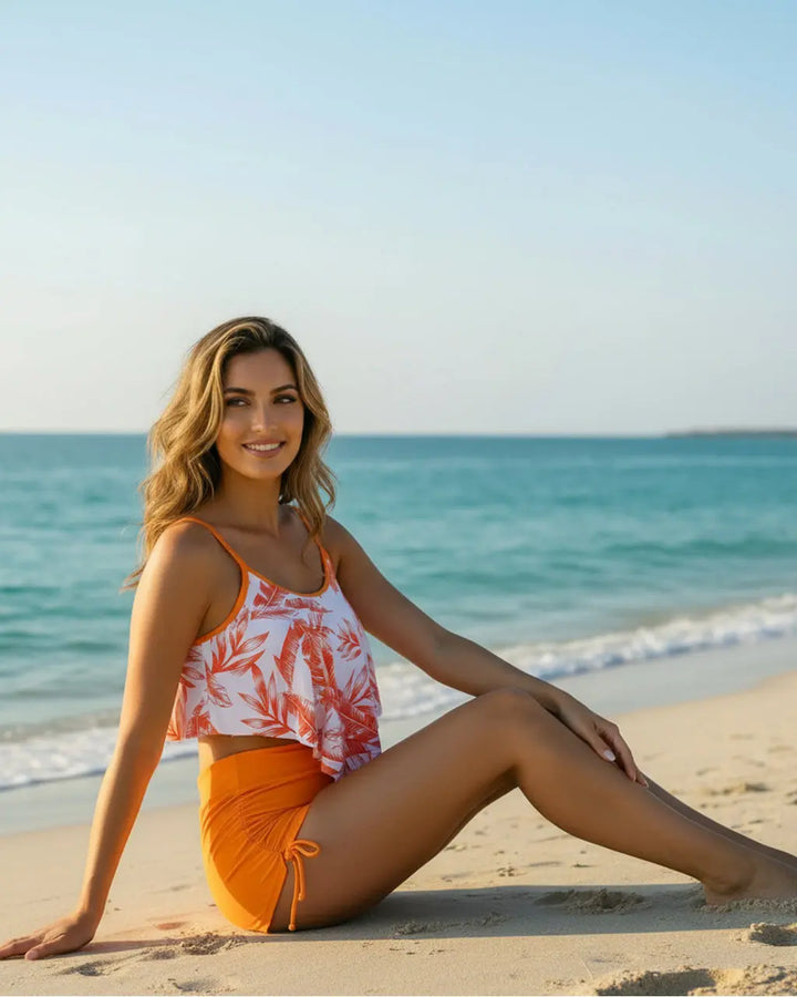 Orange Palm Leaf Print Cami Swimsuit SOLACE
