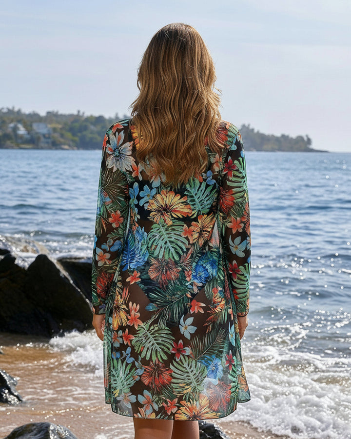 SOLACE  Black Bikini Top With Tropical Floral Bottoms And Kimono Cover Up Set 