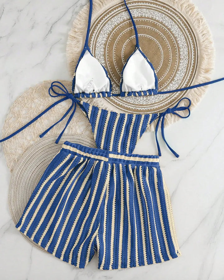 Blue Striped Crochet Triangle Bikini Set With Cover Up Shorts SOLACE