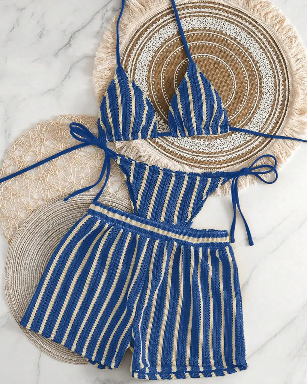 Blue Striped Crochet Triangle Bikini Set With Cover Up Shorts SOLACE