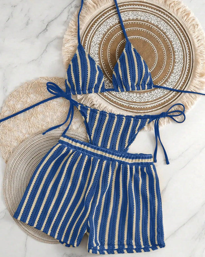 Blue Striped Crochet Triangle Bikini Set With Cover Up Shorts SOLACE