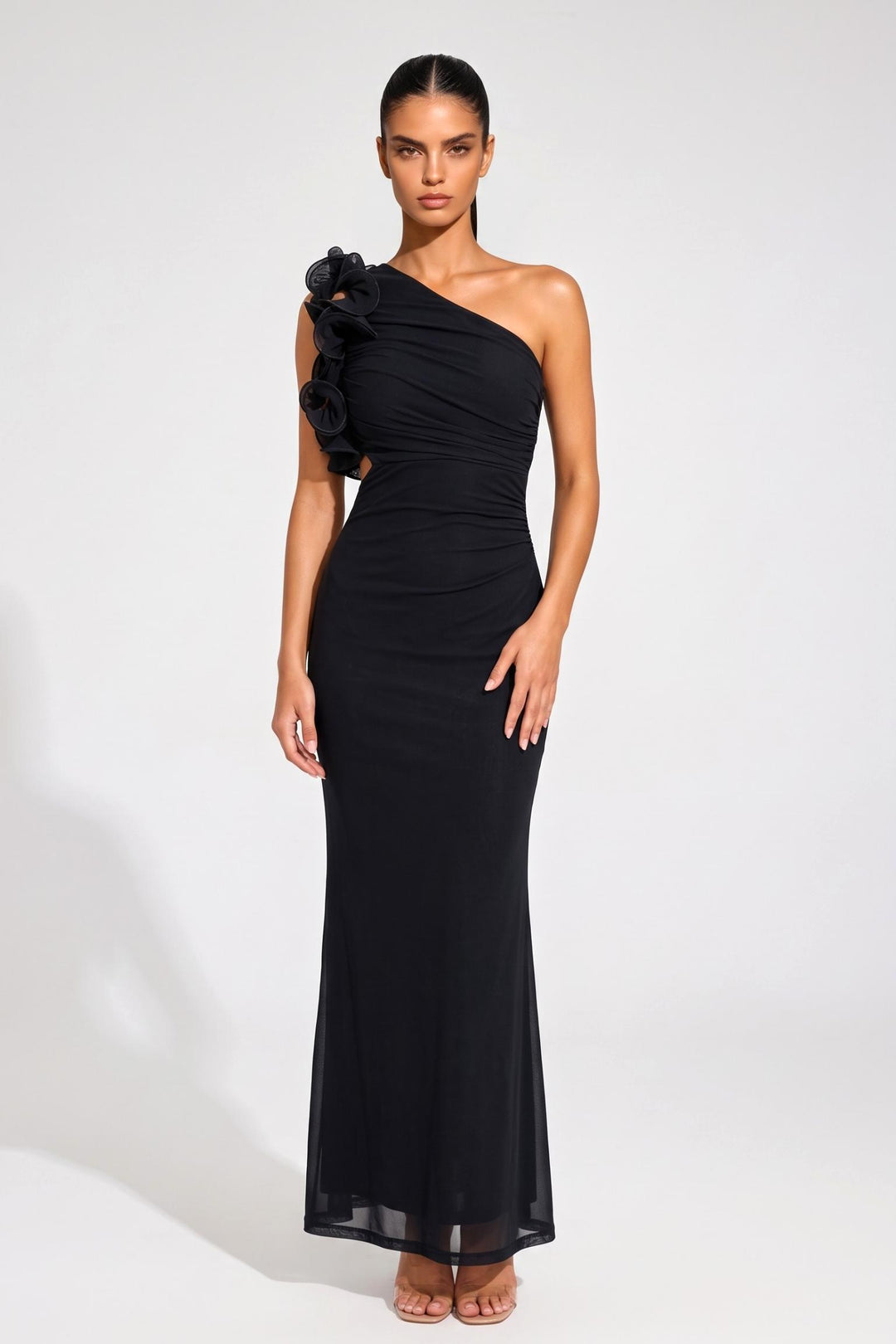 SOLACEBlack One-Shoulder Ruffled Bodycon Maxi Dress