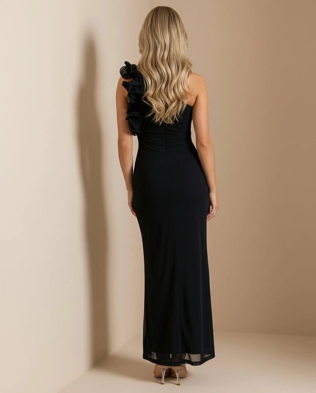 SOLACE  Black One-Shoulder Ruffled Bodycon Maxi Dress 