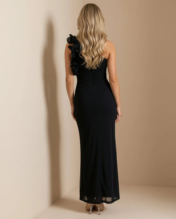 SOLACE  Black One-Shoulder Ruffled Bodycon Maxi Dress 