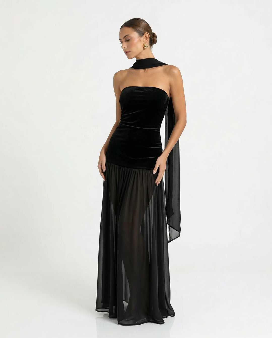 SOLACE  Black Velvet Chiffon Halter Sheer Maxi Dress 
