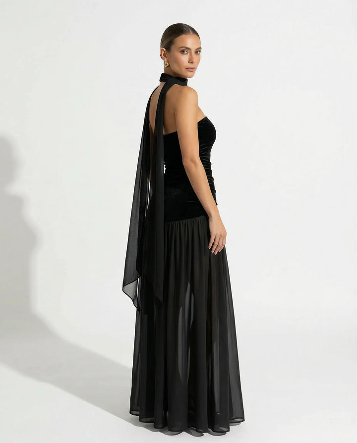 SOLACE  Black Velvet Chiffon Halter Sheer Maxi Dress 
