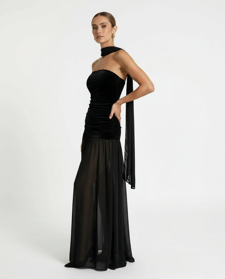 SOLACE  Black Velvet Chiffon Halter Sheer Maxi Dress 