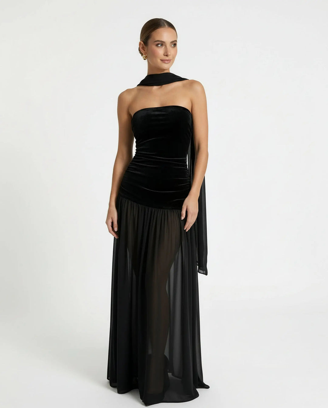 SOLACE  Black Velvet Chiffon Halter Sheer Maxi Dress 