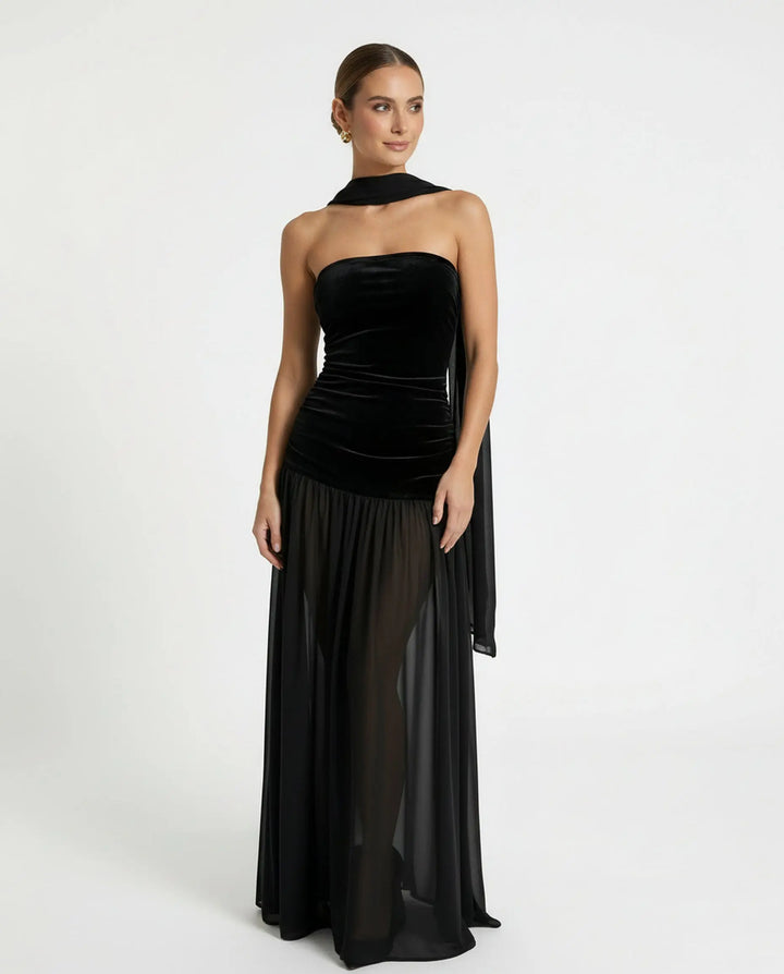 SOLACE  Black Velvet Chiffon Halter Sheer Maxi Dress 
