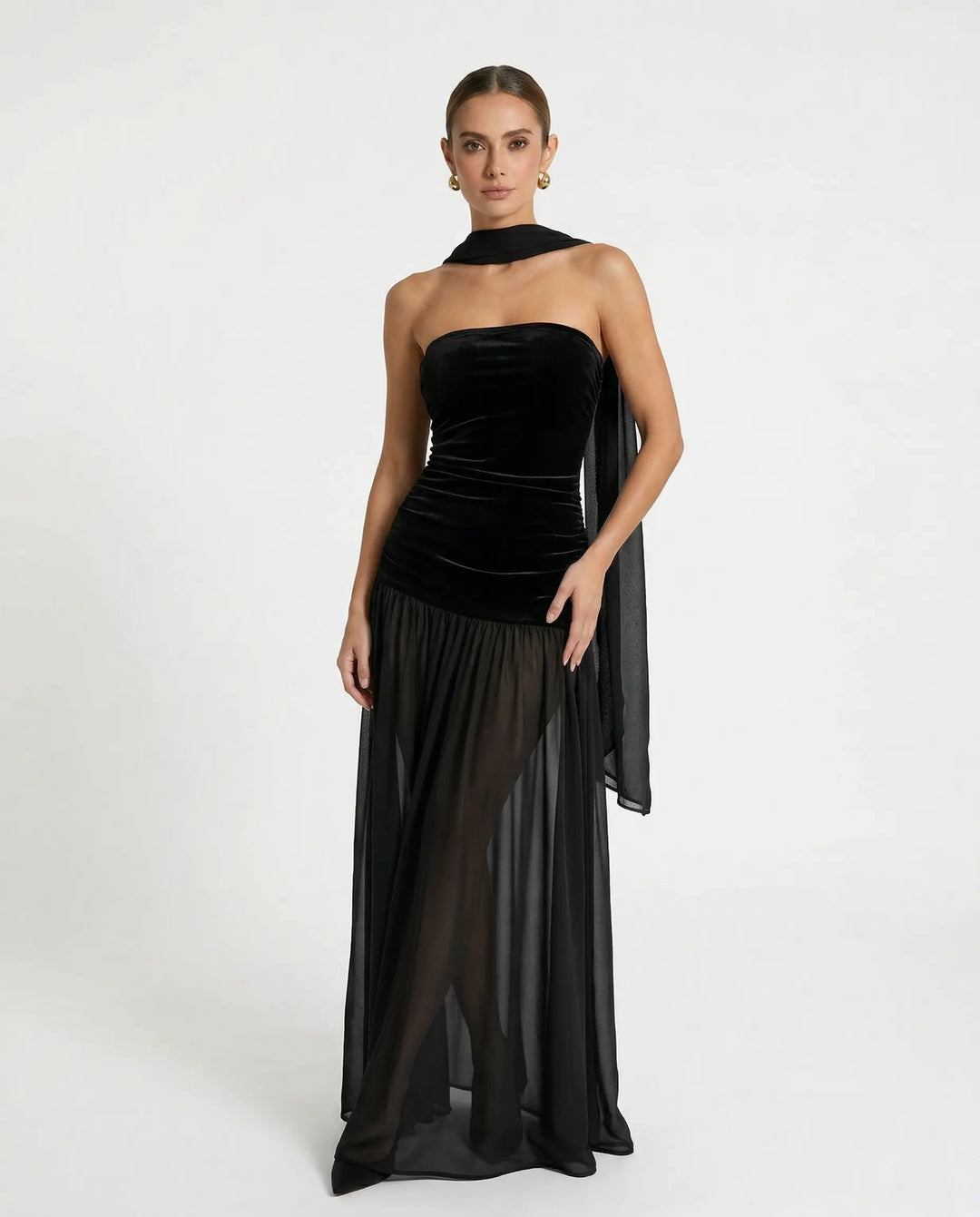 SOLACE  Black Velvet Chiffon Halter Sheer Maxi Dress 