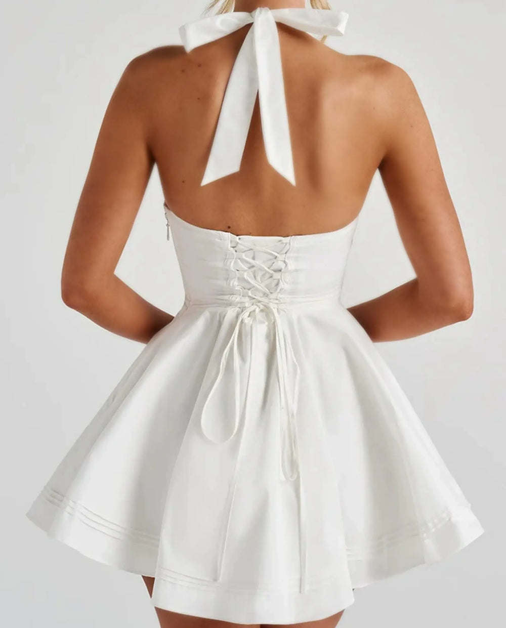SOLACE  White Halter Corset Lace-Up Back Mini Dress 