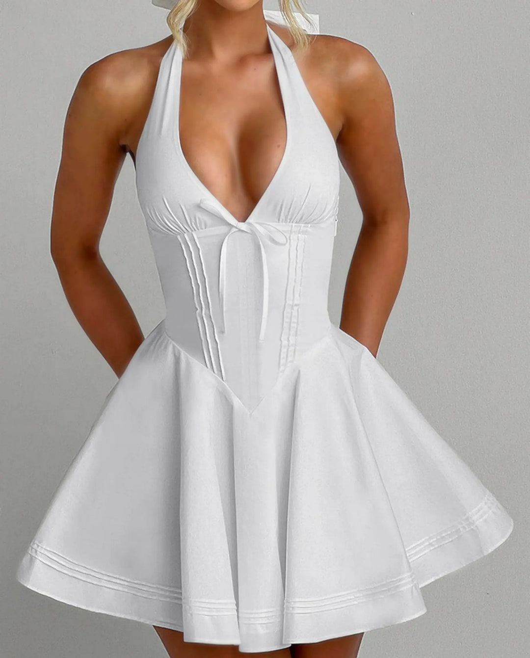 SOLACE  White Halter Corset Lace-Up Back Mini Dress 