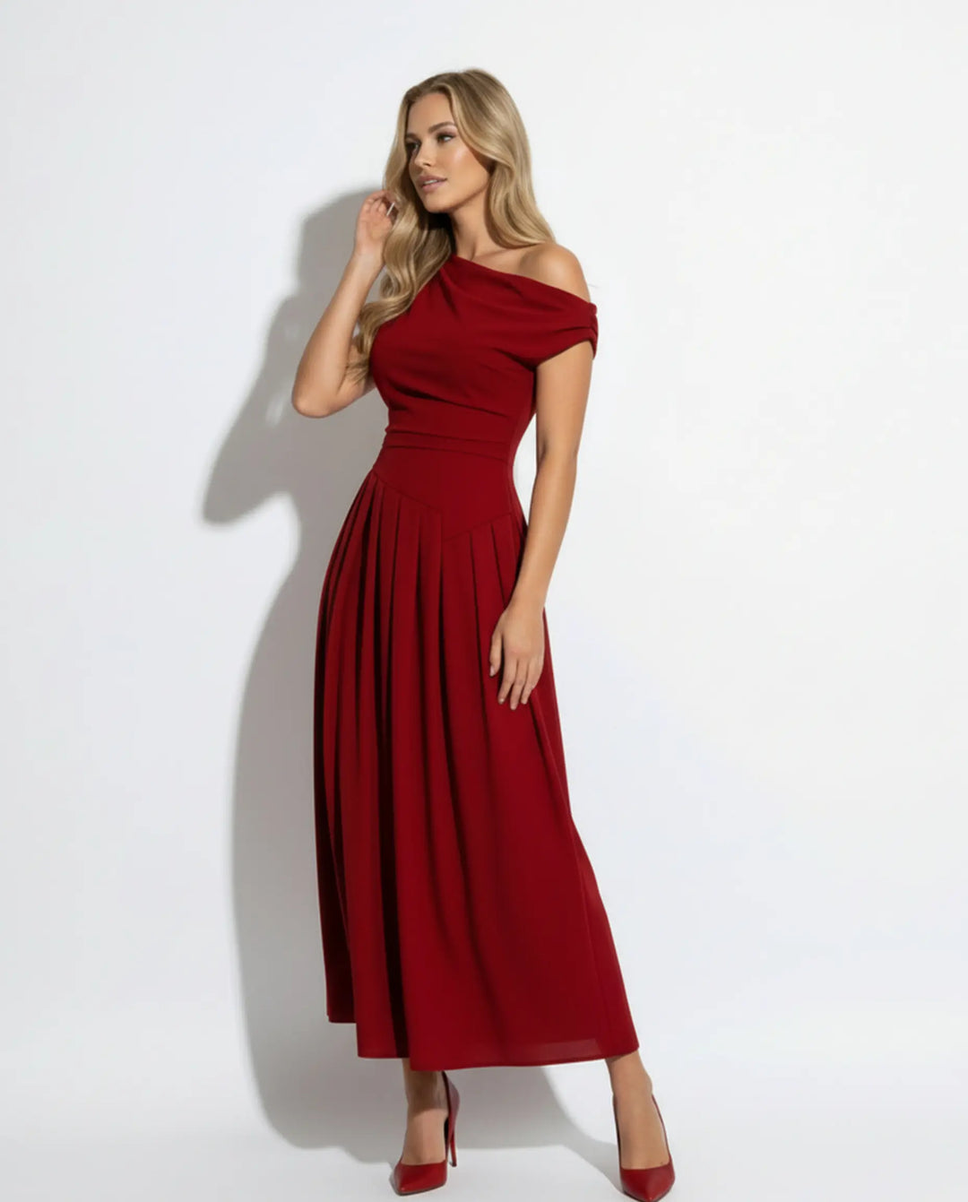 SOLACE  Red Asymmetrical One Shoulder Pleated Maxi Dress 
