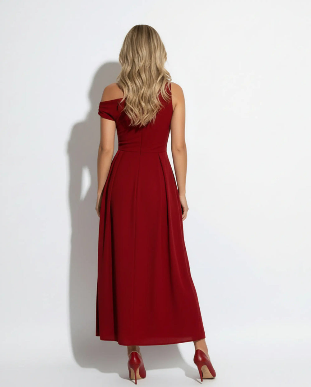 SOLACE  Red Asymmetrical One Shoulder Pleated Maxi Dress 