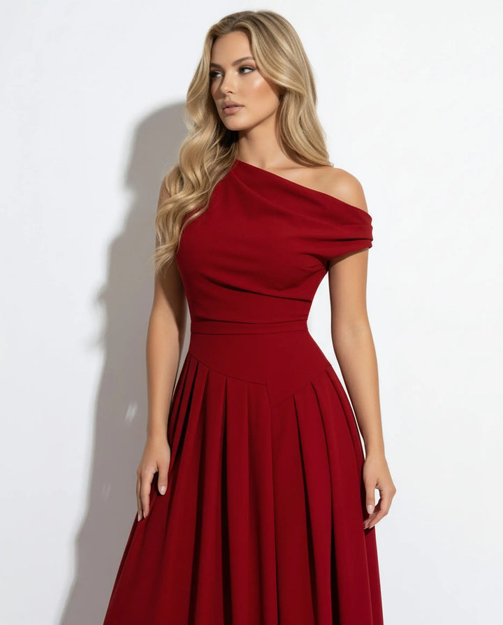 SOLACE  Red Asymmetrical One Shoulder Pleated Maxi Dress 