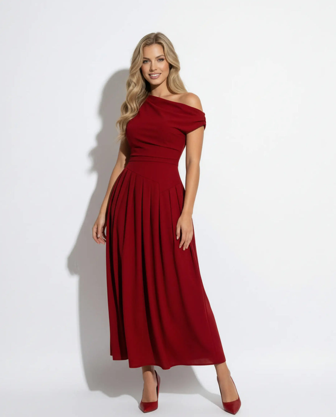SOLACE  Red Asymmetrical One Shoulder Pleated Maxi Dress 