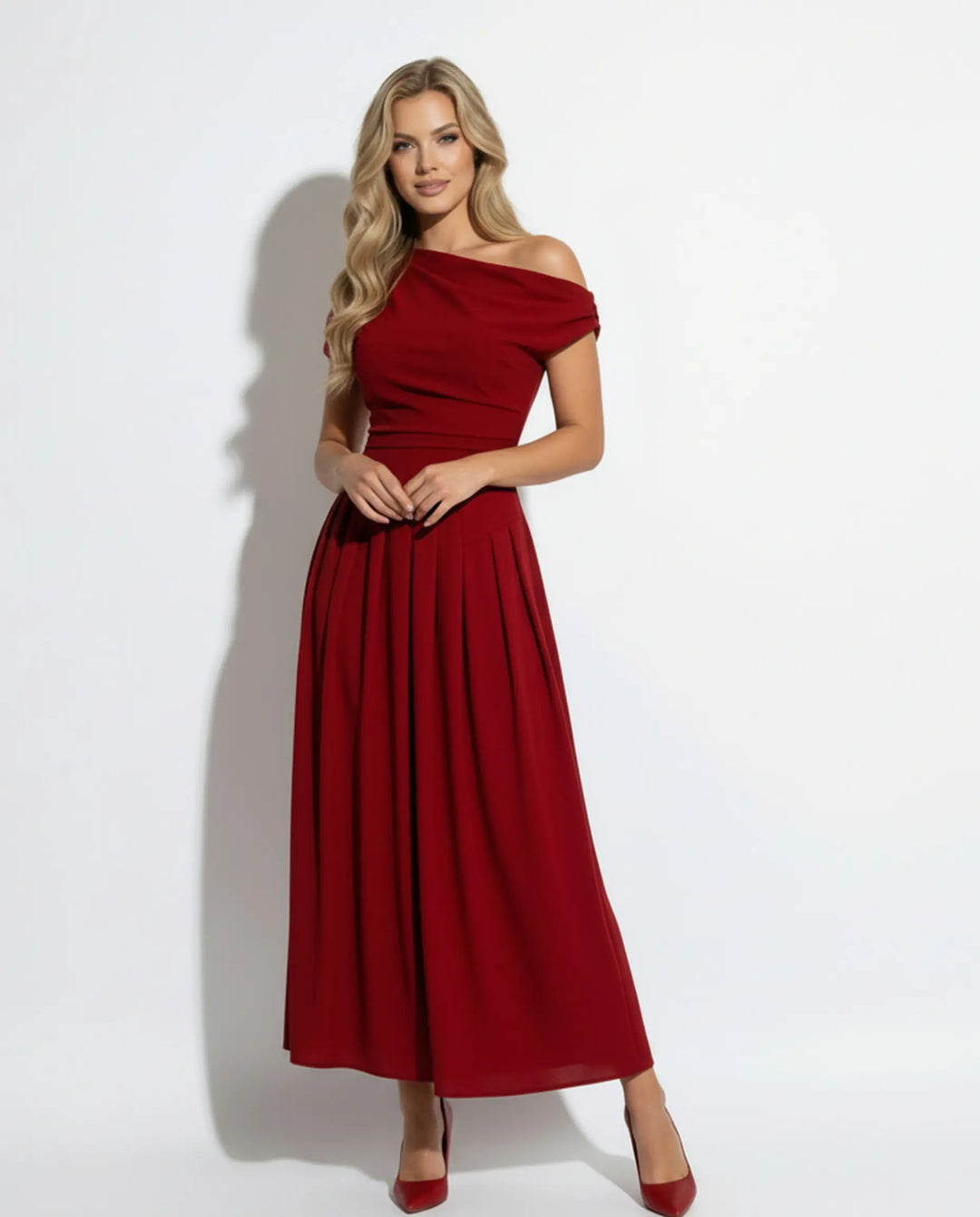SOLACE  Red Asymmetrical One Shoulder Pleated Maxi Dress 