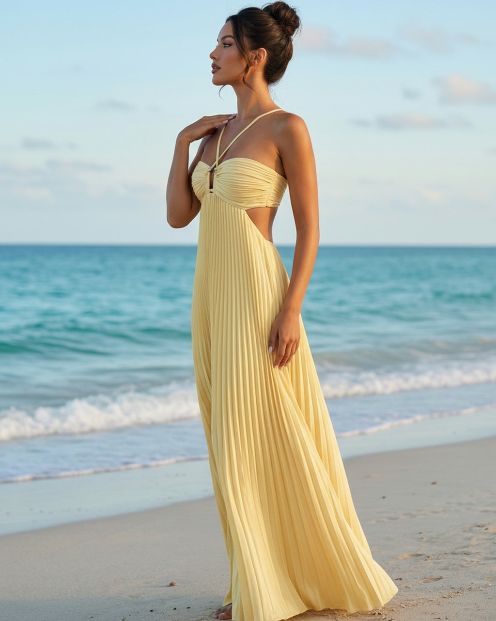 SOLACE  Yellow Pleated Halter Neck Cut Out Slim Fit Maxi Dress 