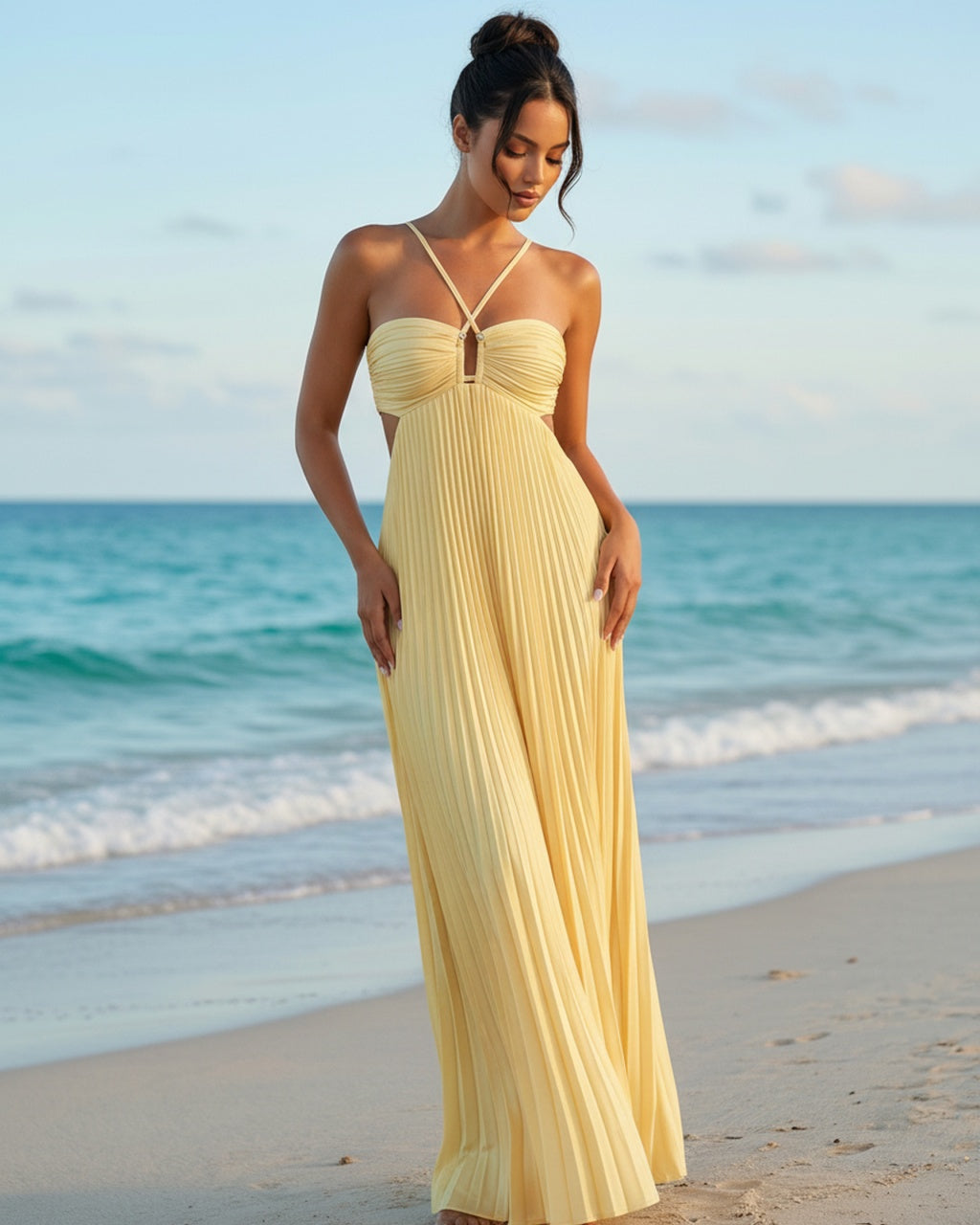 SOLACE  Yellow Pleated Halter Neck Cut Out Slim Fit Maxi Dress 