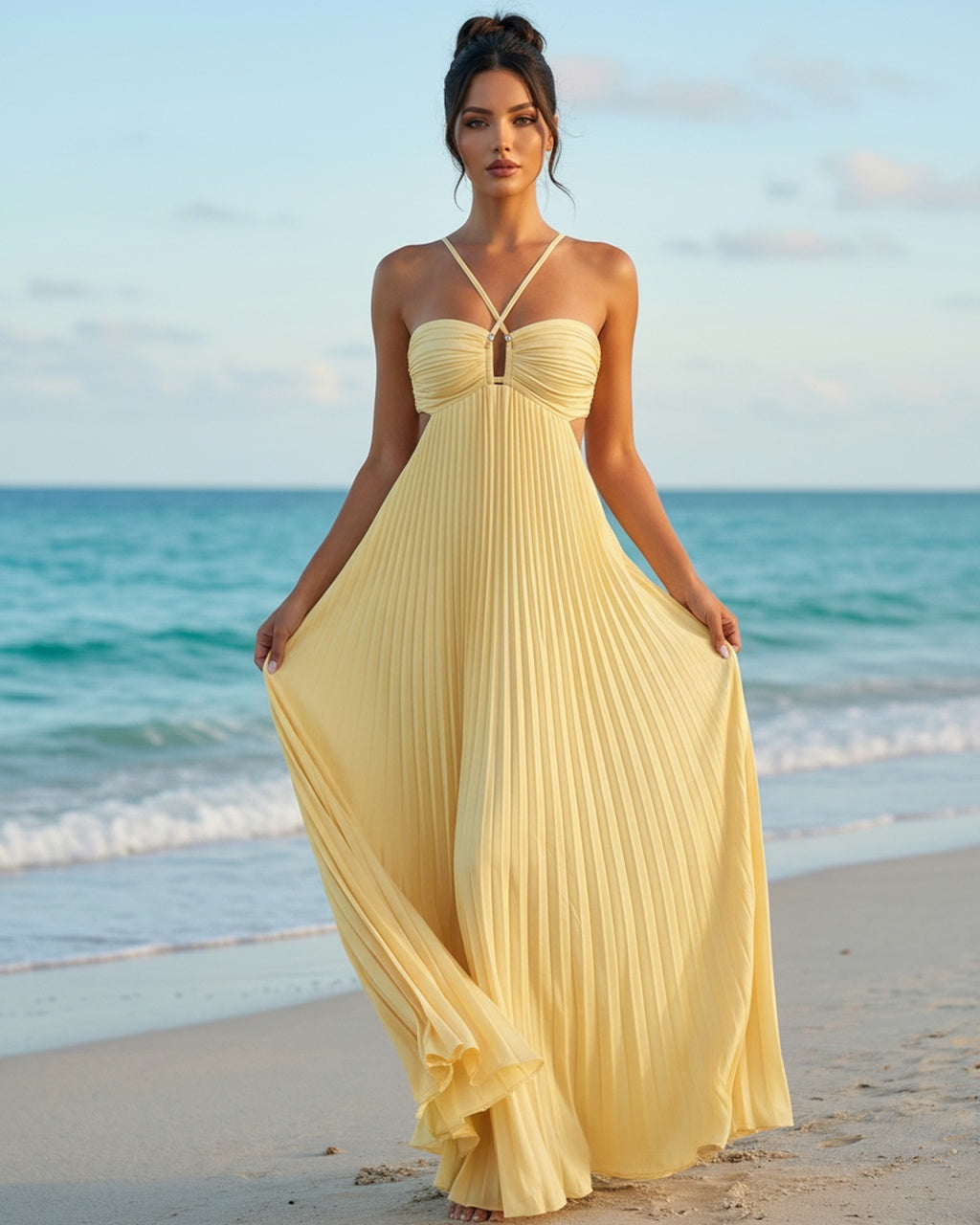 SOLACE  Yellow Pleated Halter Neck Cut Out Slim Fit Maxi Dress 
