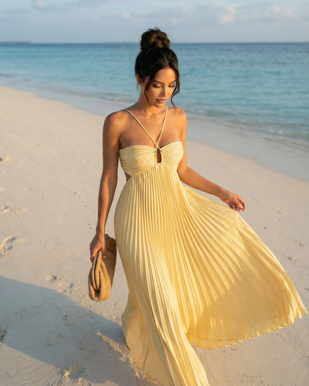 SOLACE  Yellow Pleated Halter Neck Cut Out Slim Fit Maxi Dress 