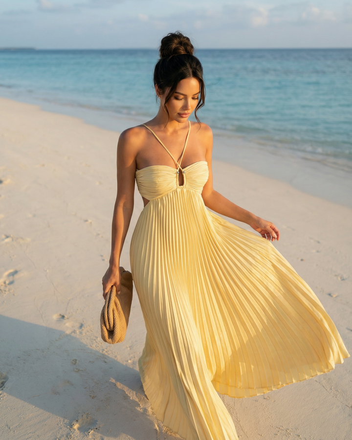 SOLACE  Yellow Pleated Halter Neck Cut Out Slim Fit Maxi Dress 