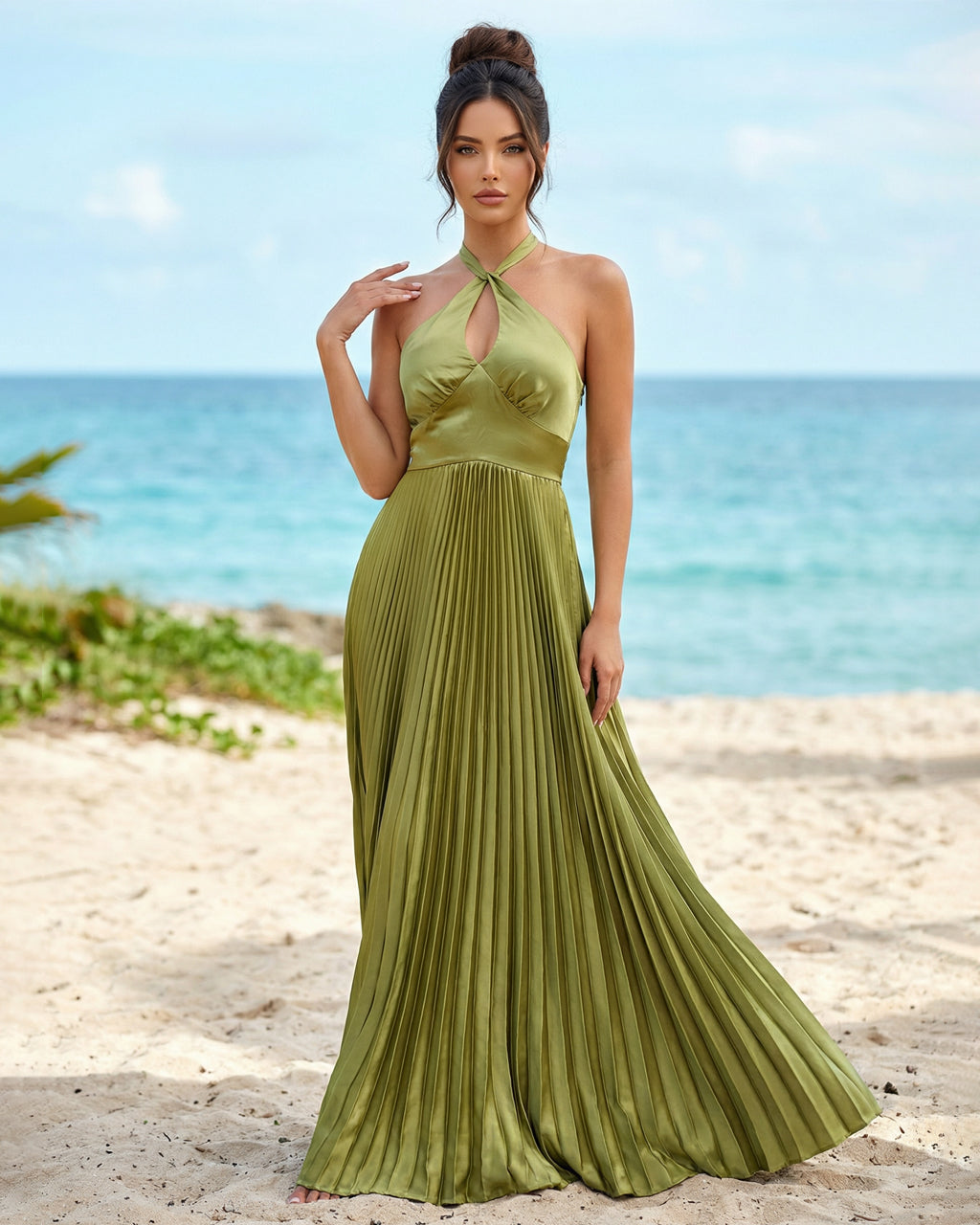 SOLACE  Olive Green Halter Neck Keyhole Pleated Satin Maxi Dress 