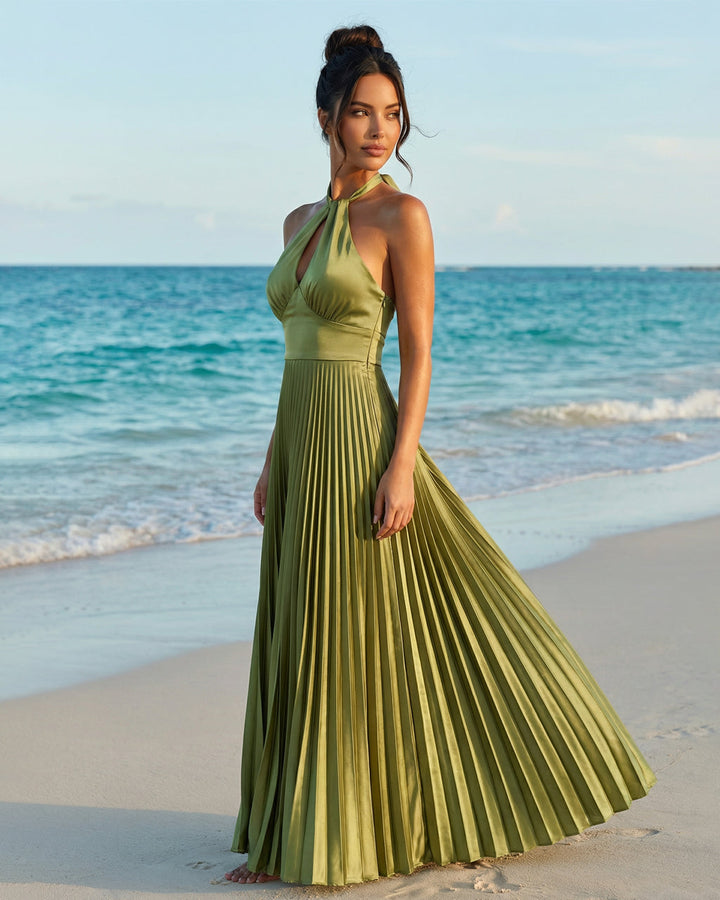 SOLACE  Olive Green Halter Neck Keyhole Pleated Satin Maxi Dress 