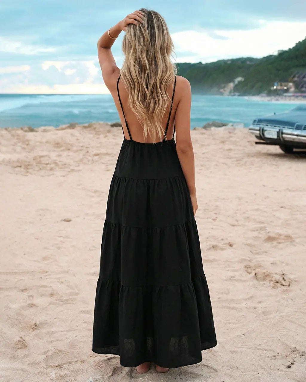 Black Deep V-Neck Tiered Sunburst Detail Maxi Dress SOLACE