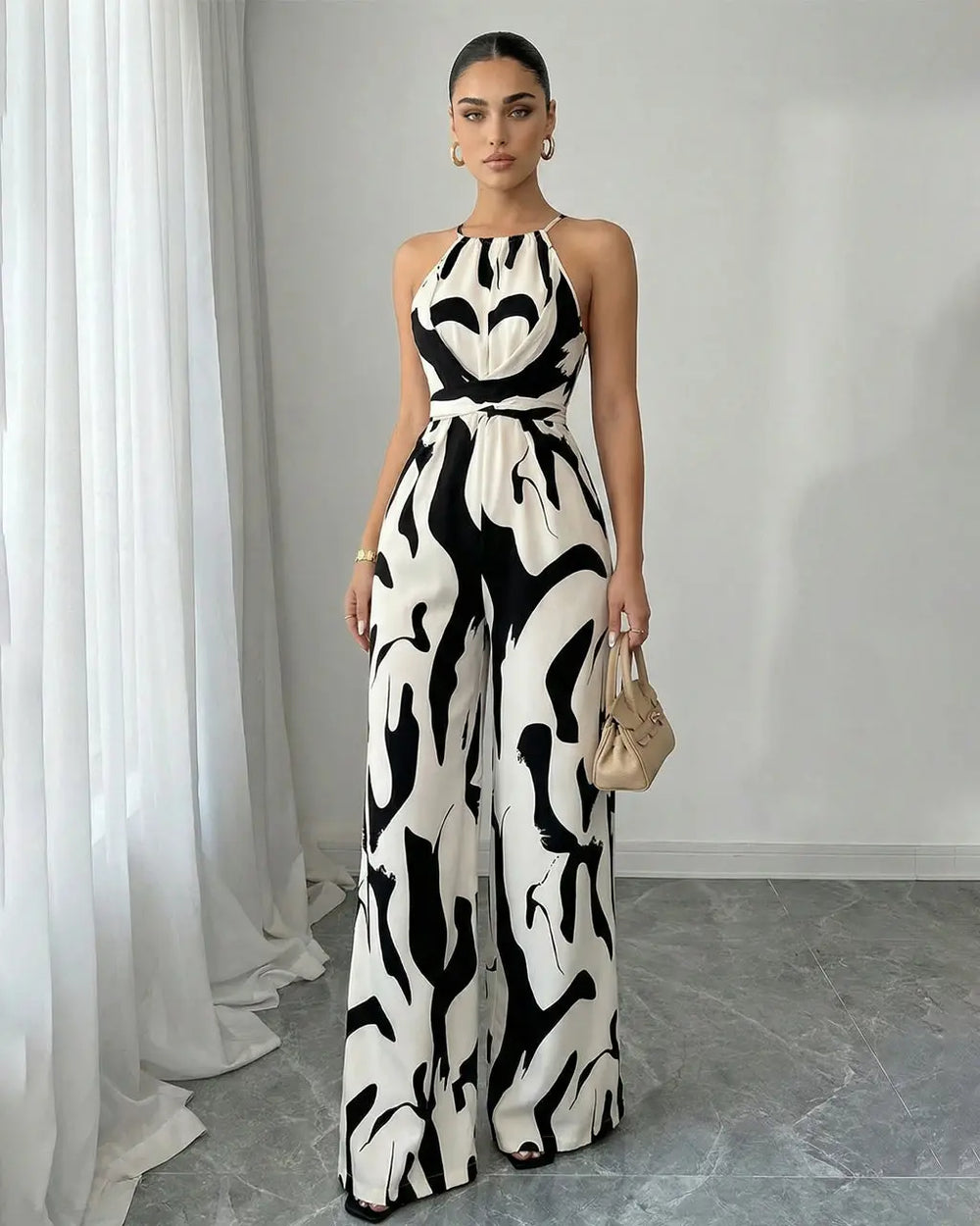Halter Neck Satin Abstract Print Wide Leg Jumpsuit SOLACE