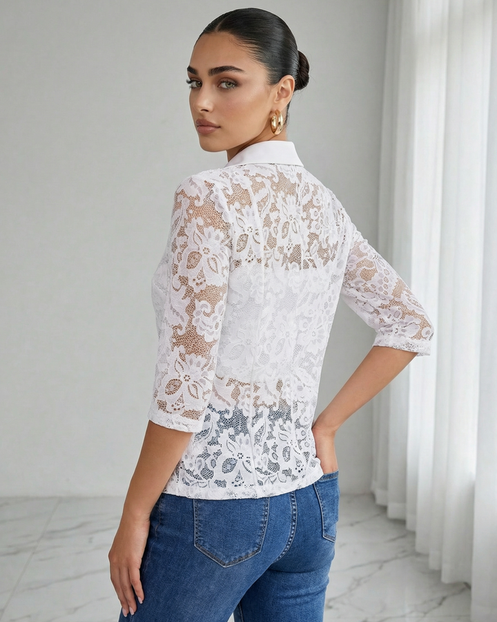 White Sheer Floral Lace Hip Length Blazer