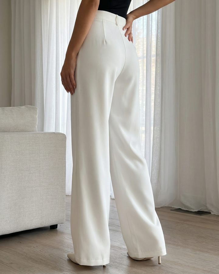 White  High Waisted Pleated Loose Fit Full Length Trousers