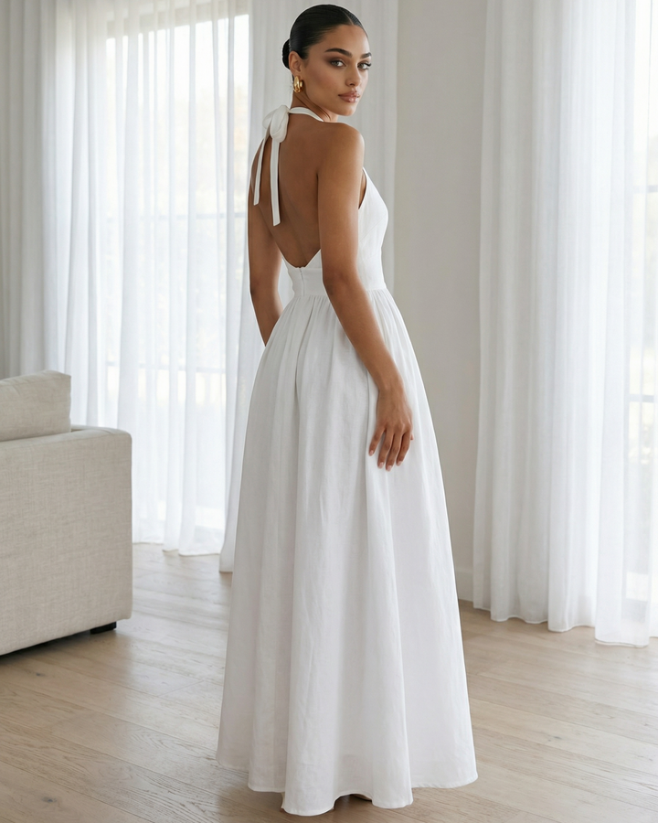 Elegant White Halter Neck Backless Maxi Dress