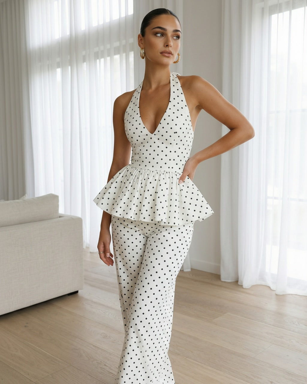 White Halter Eyelet Polka Dot Top Wide Leg Pants Set