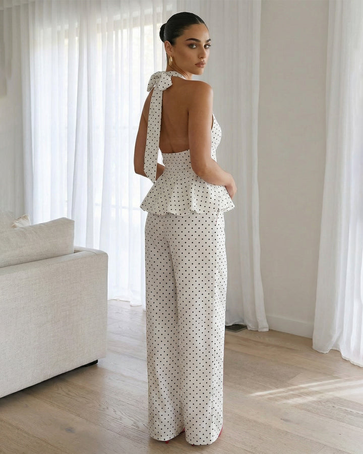 White Halter Eyelet Polka Dot Top Wide Leg Pants Set
