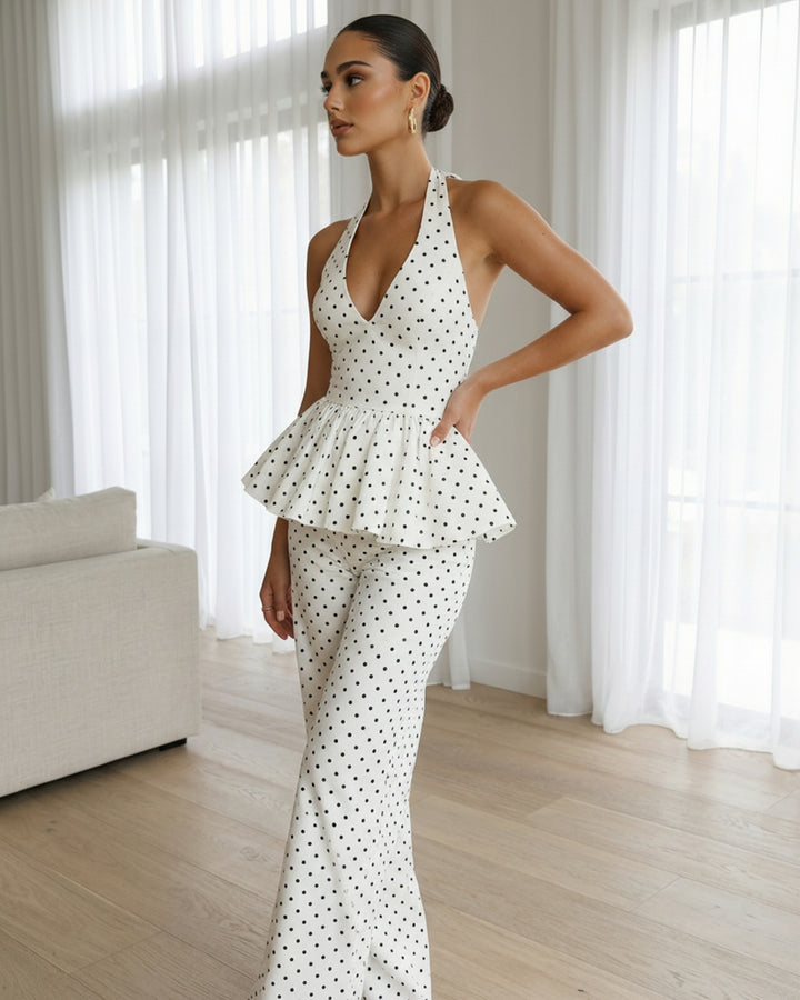 White Halter Eyelet Polka Dot Top Wide Leg Pants Set