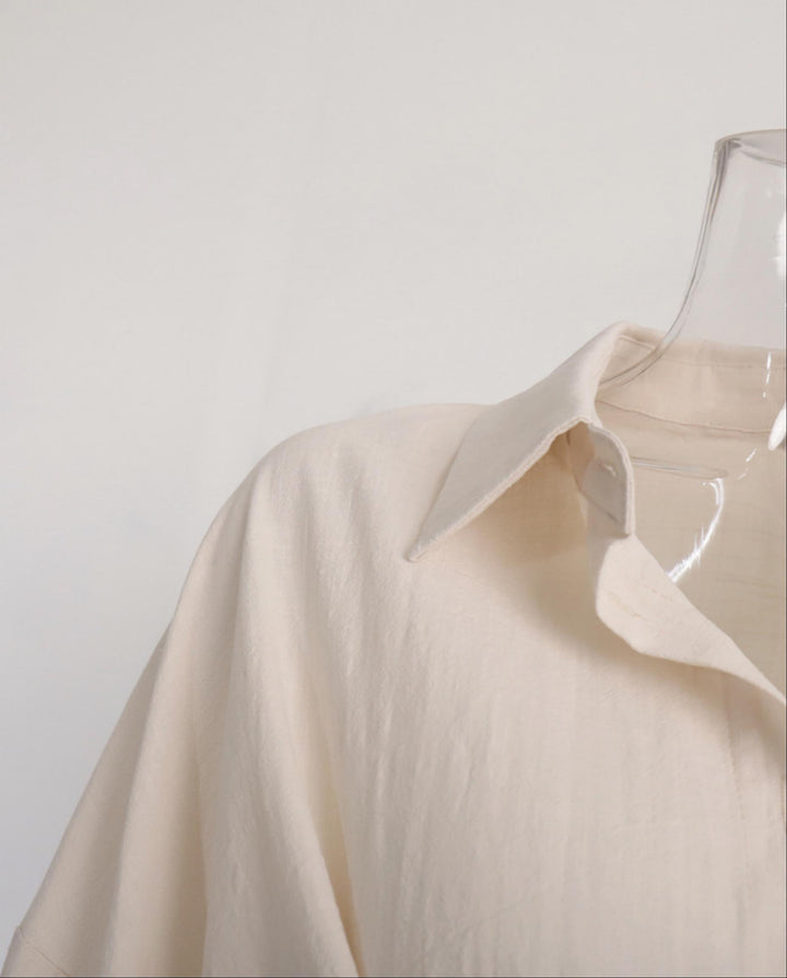 Creamy White Solid Long Sleeve Shirt And Shorts Two Piece Loungewear Set