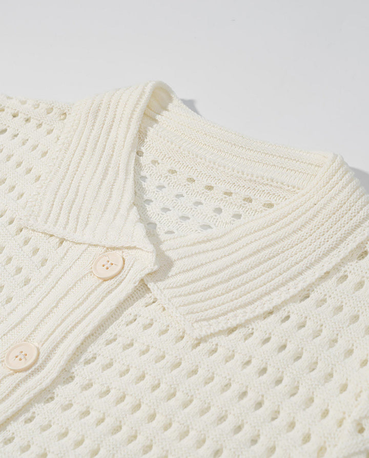 Cream White Crochet Fringe Polo Top Skirt Set