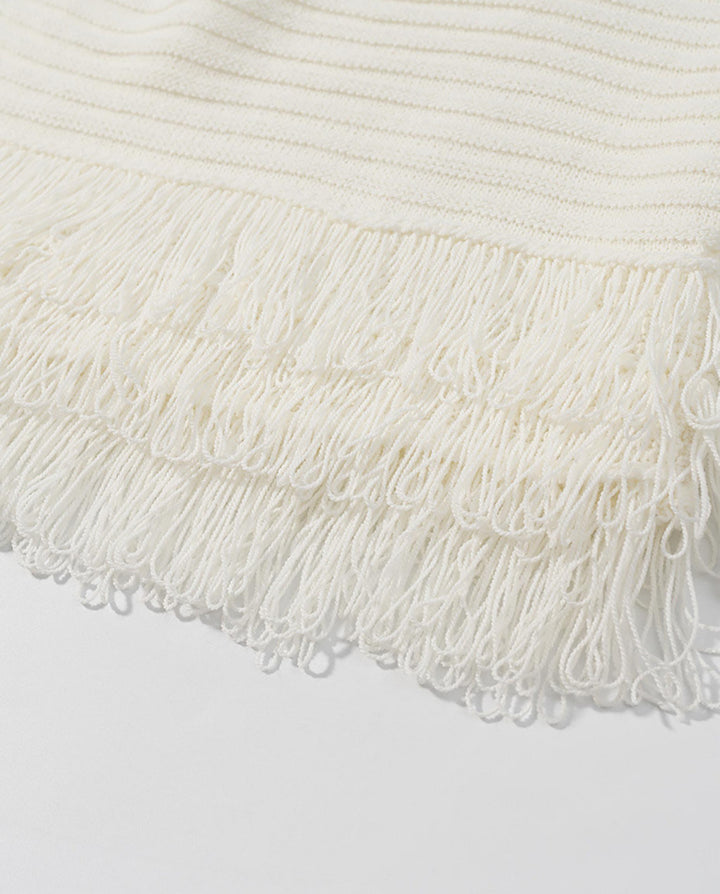 Cream White Crochet Fringe Polo Top Skirt Set