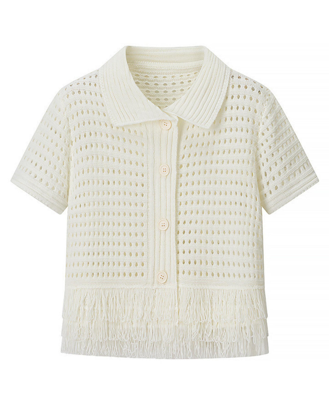Cream White Crochet Fringe Polo Top Skirt Set