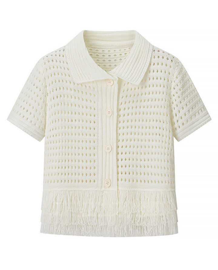 Cream White Crochet Fringe Polo Top Skirt Set