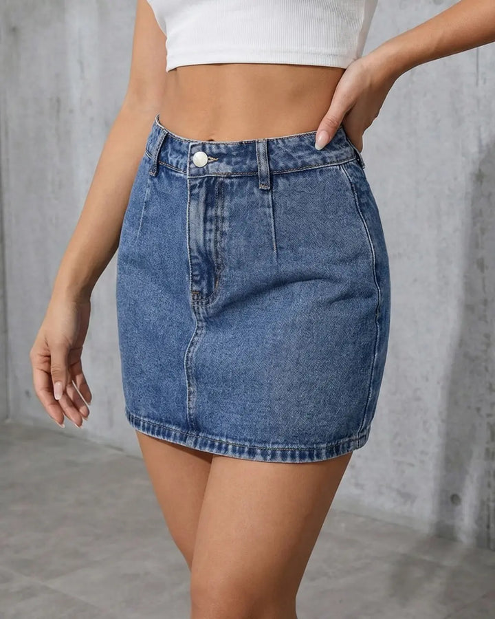 SOLACE  Denim Blue High Waist Slim Fit Mini Skirt 