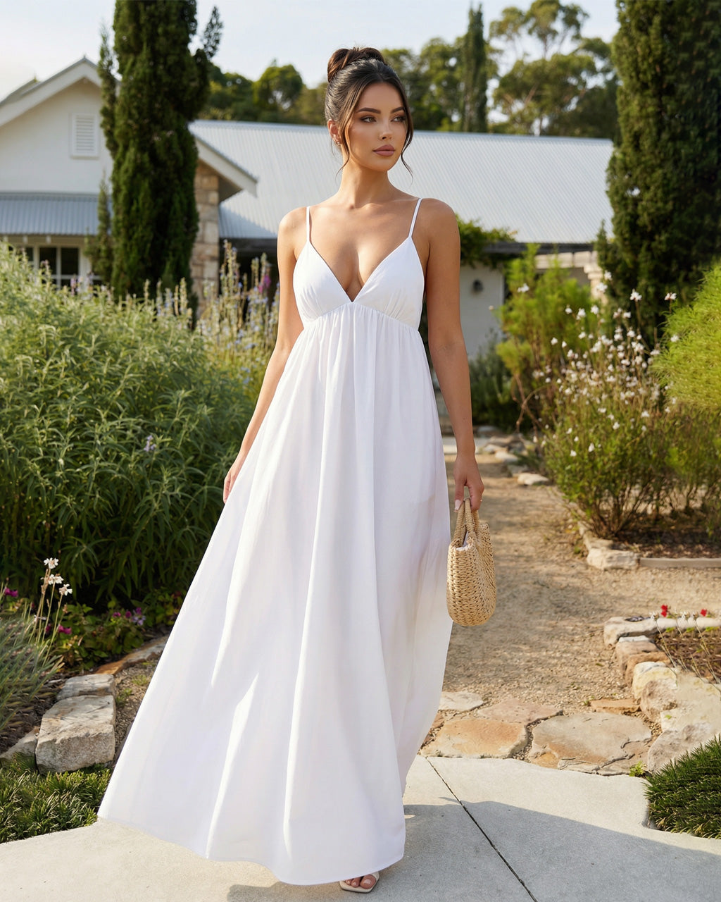 White Deep V-Neck Spaghetti Strap Backless Maxi Dress SOLACE