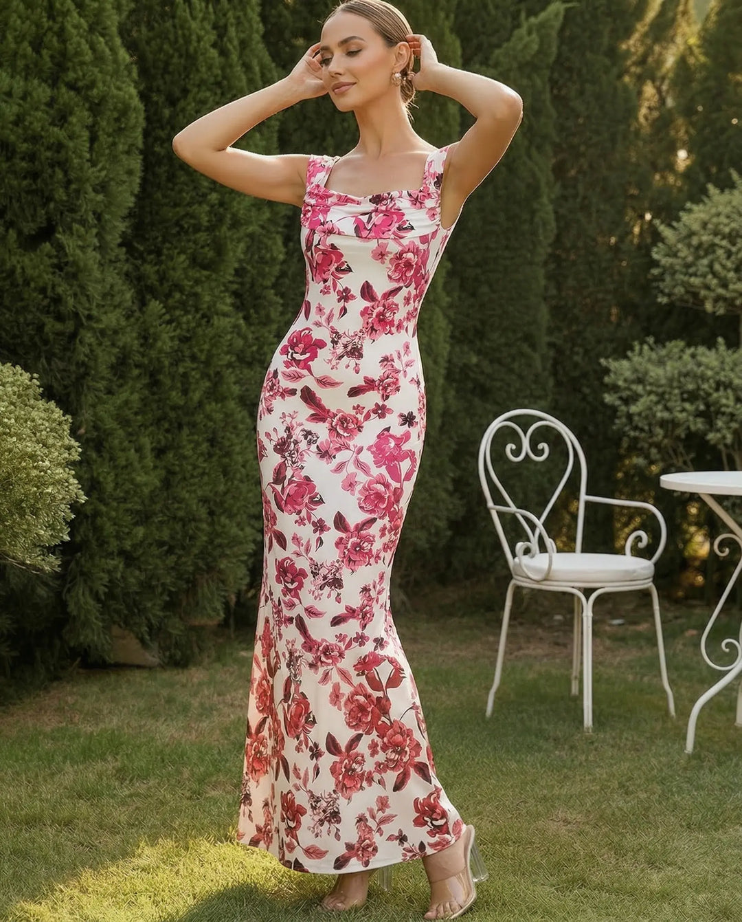 SOLACE  Floral Print Square Neck Mermaid Maxi Dress 