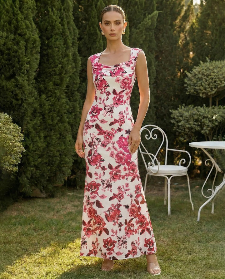 SOLACE  Floral Print Square Neck Mermaid Maxi Dress 