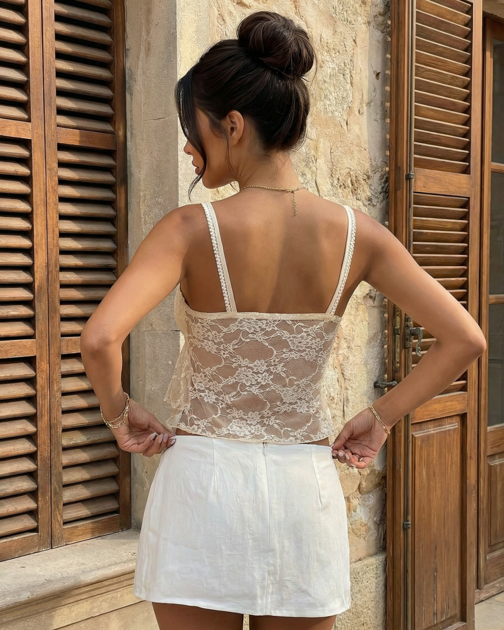 SOLACE  Cream Lace Spaghetti Strap Ruched Bust Asymmetrical Ruffle Cami Top 