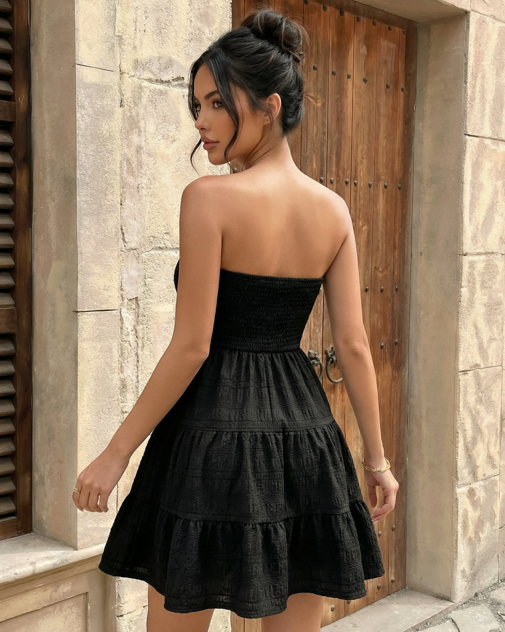 Black Strapless Smocked Tiered Mini Dress SOLACE